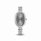 Reloj Hv Hermanas Villegas ovalado de acero plateado con dial gris topo y marcadores de puntos metálicos