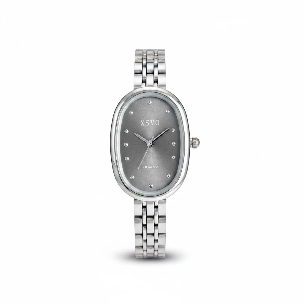 Reloj Hv Hermanas Villegas ovalado de acero plateado con dial gris topo y marcadores de puntos metálicos