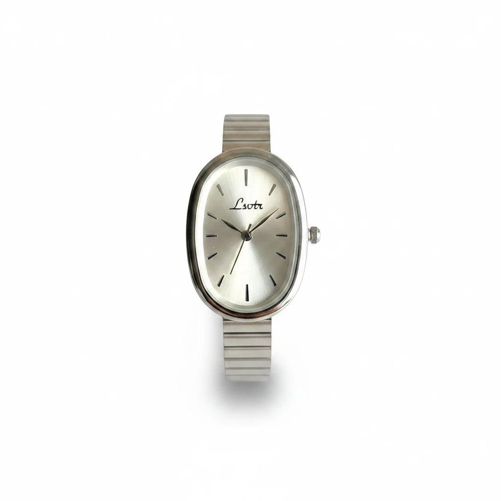 Reloj analógico Hv Hermanas Villegas con caja ovalada y correa de eslabones flexibles en acero plateado brillante