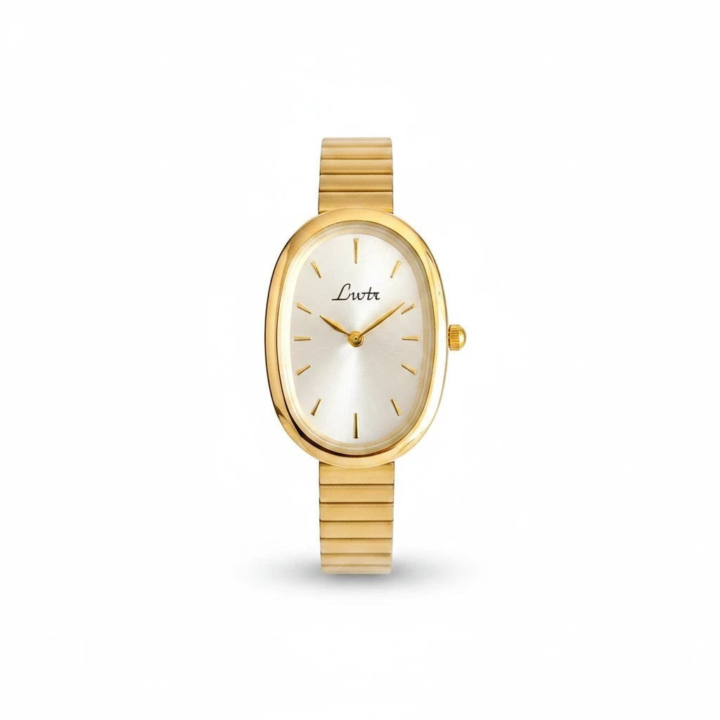 Reloj Hv Hermanas Villegas ovalado en acero dorado con correa de eslabones y dial analógico minimalista