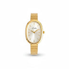 Reloj Hv Hermanas Villegas ovalado en acero dorado con correa de eslabones y dial analógico minimalista