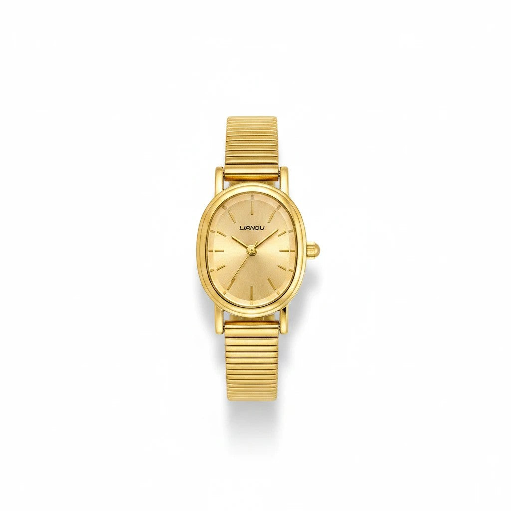 Reloj Hv Hermanas Villegas ovalado en acero dorado con dial cepillado y correa extensible de estilo vintage