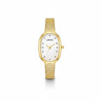 Reloj Hv Hermanas Villegas ovalado dorado con dial nacarado, marcadores de circones y correa extensible flexible.