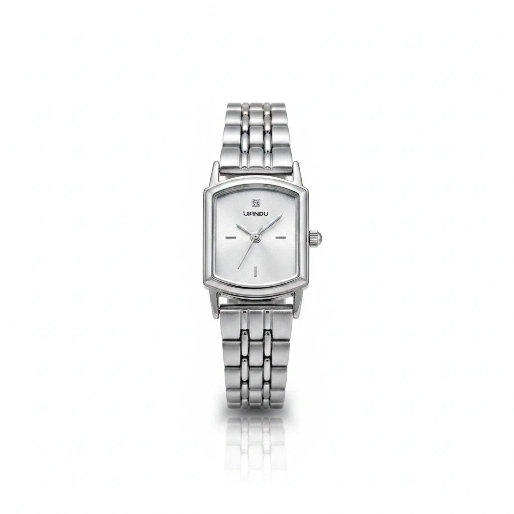 Reloj analógico Hv Hermanas Villegas de acero plateado con caja rectangular, dial satinado y detalle de circon