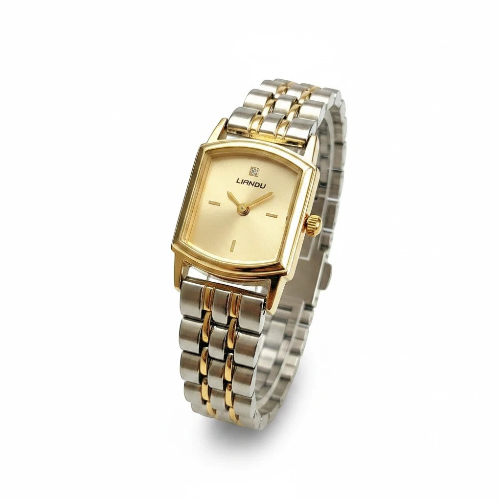 Reloj Hv Hermanas Villegas rectangular bicolor con caja dorada, dial satinado, circon y correa de acero articulada.
