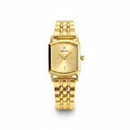 Reloj Hv Hermanas Villegas rectangular dorado de acero con dial satinado, circonita y correa de eslabones pulidos.