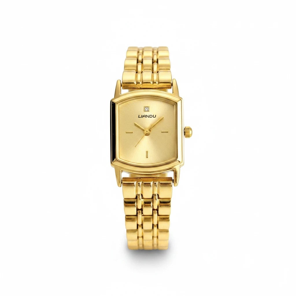 Reloj Hv Hermanas Villegas rectangular dorado de acero con dial satinado, circonita y correa de eslabones pulidos.