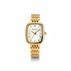 Reloj Hv Hermanas Villegas rectangular de acero dorado con dial texturizado y correa de eslabones estilo vintage