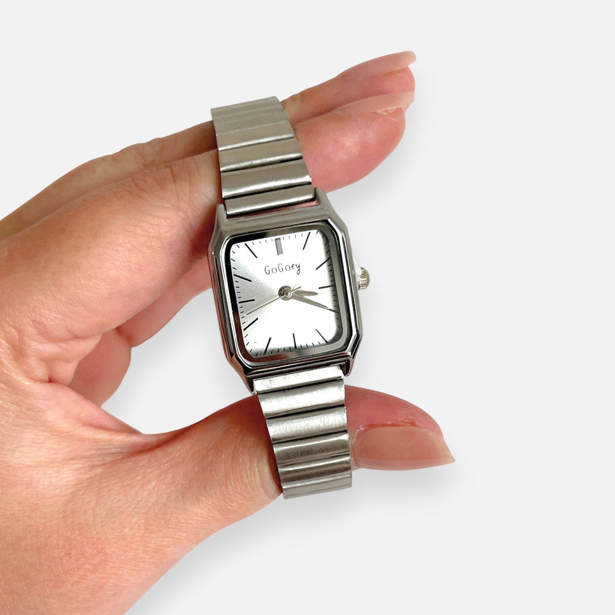 Reloj Hv Hermanas Villegas rectangular plateado de acero con dial satinado y correa extensible de estilo vintage