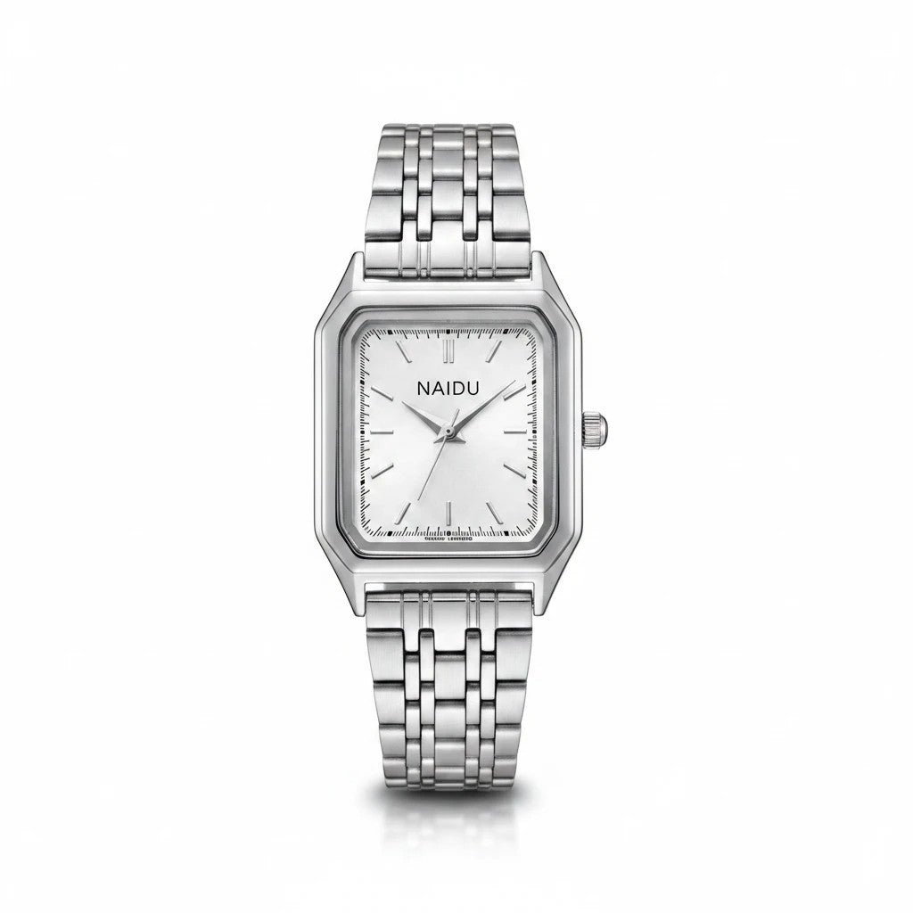 Reloj analógico Hv Hermanas Villegas con caja rectangular plateada, dial satinado y correa de acero inoxidable pulido.